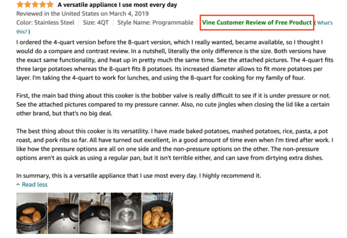 Vine Voices 買方評論者給予的正面評價