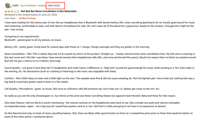 Vine Voices 買方評論者給予的中立評價